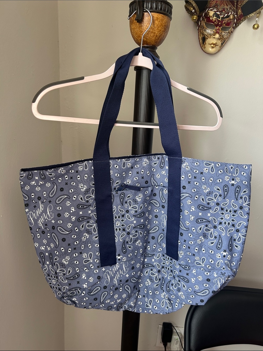 PINK Victoria's Secret Blue Paisley Tote with Navy Handles